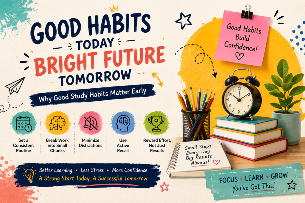 Best study tips for kids illustration showing good study habits, organized learning routine, active recall, and time management for better academic success