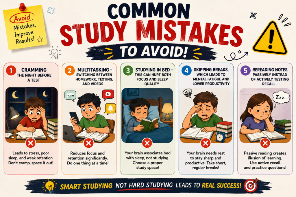 Common study mistakes to avoid for kids including cramming, multitasking, studying in bed, skipping breaks, and passive rereading