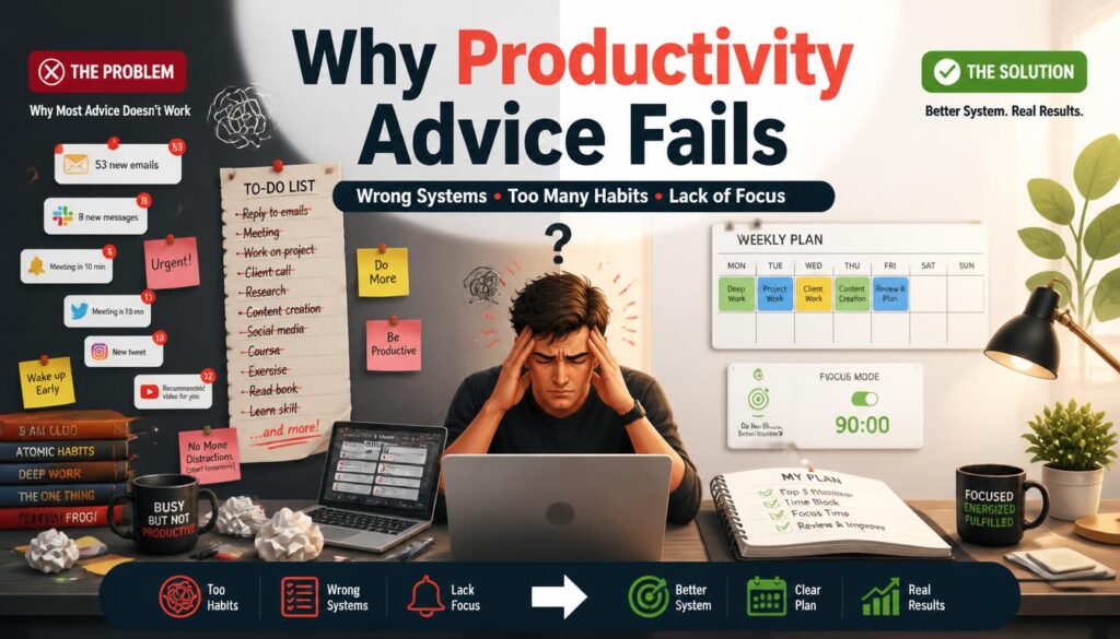 Why productivity advice fails due to wrong systems and lack of focus