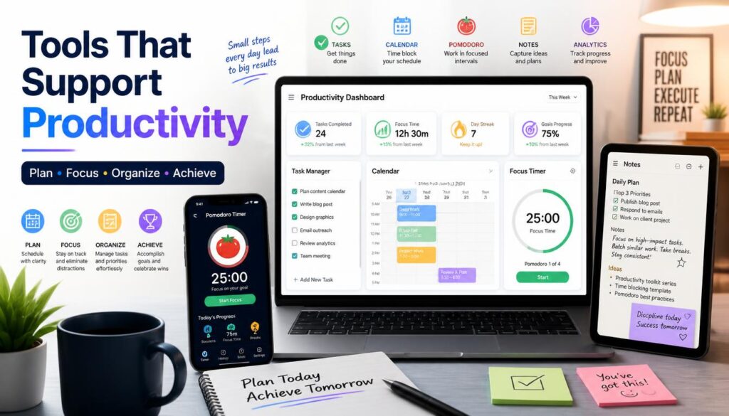 Tools that support productivity with task managers calendar apps and focus timers