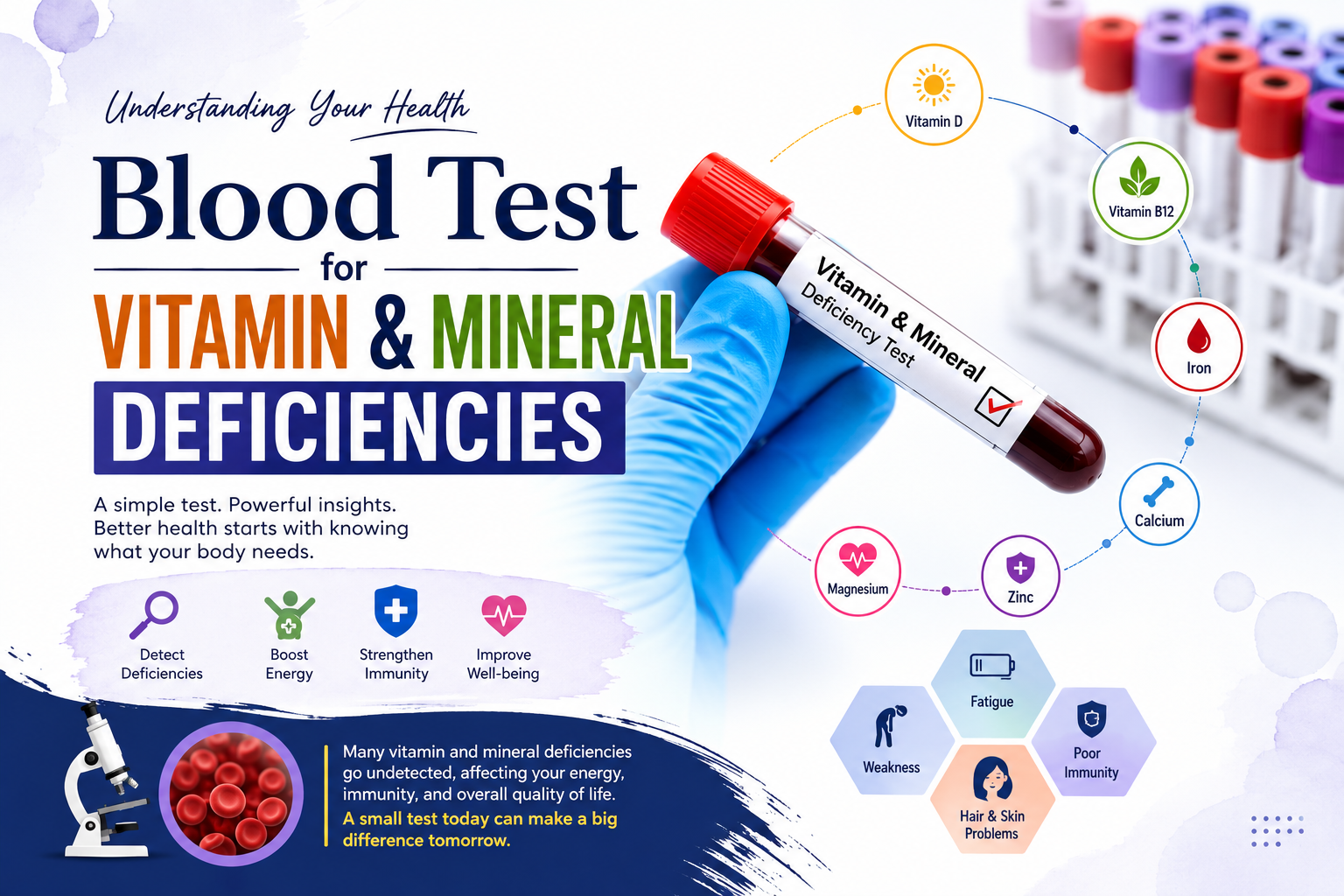 Blood Test for Vitamin & Mineral Deficiencies – lab blood sample testing vitamin D, B12, iron, calcium, magnesium, and zinc deficiencies