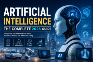 Artificial Intelligence complete guide 2026 featuring AI robot, machine learning, and future technology