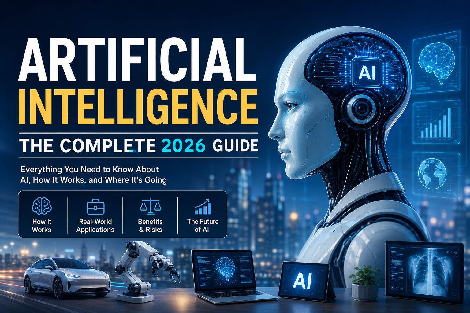 Artificial Intelligence complete guide 2026 featuring AI robot, machine learning, and future technology